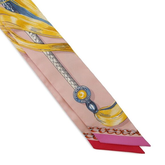 HERMES Twilly CAVALCADES Silk100% Rose Poudre/Jaune d'or 061829S - Picture 4 of 9